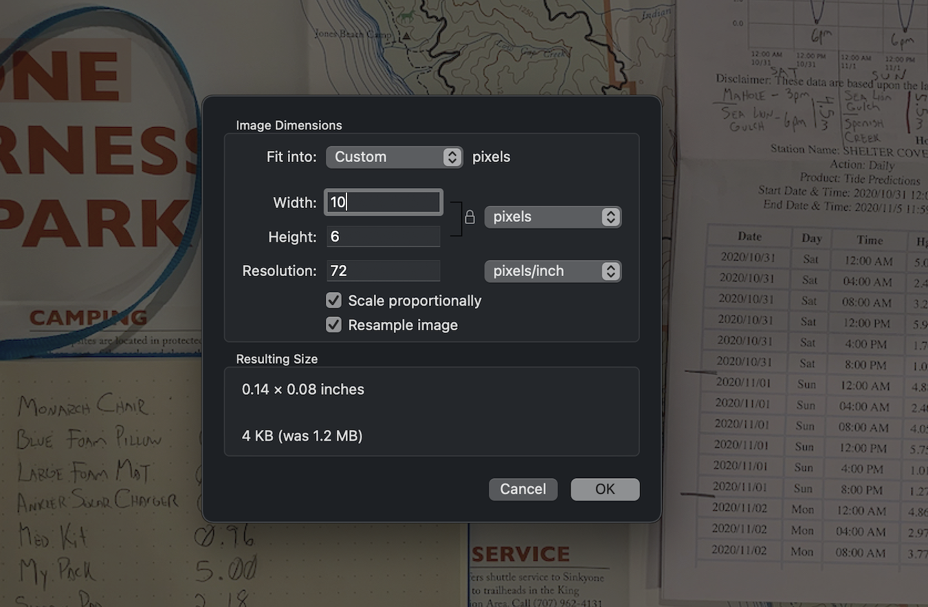 Screenshot of new image size parameters for an image