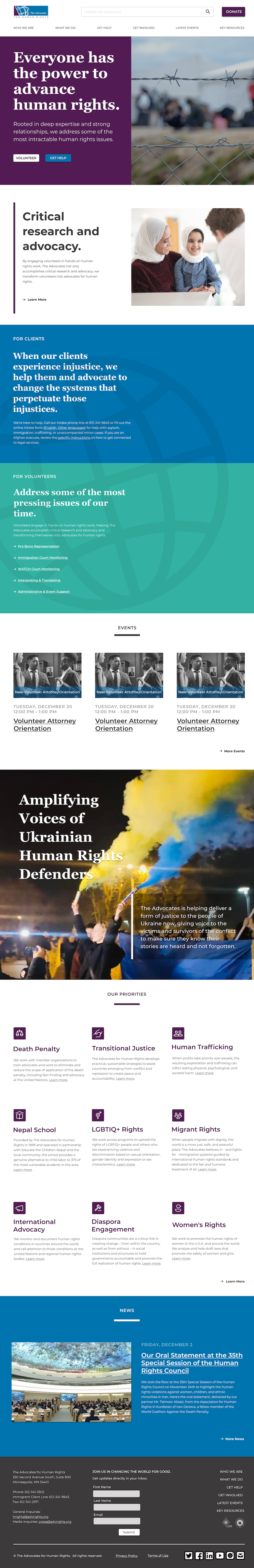 the advocates for human rights homepage mockup
