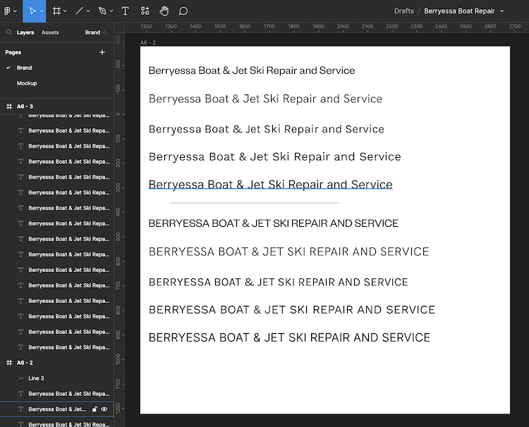 Different variations for font for the business name. App is Figma