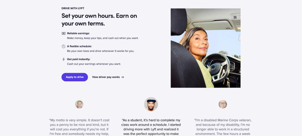 Lyft webpage design showing benefits of driving