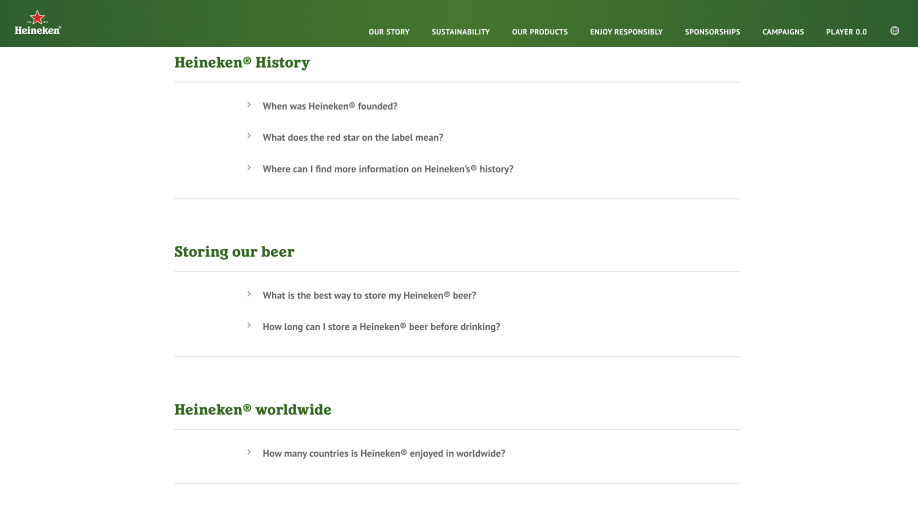 screenshot from heineken webpage