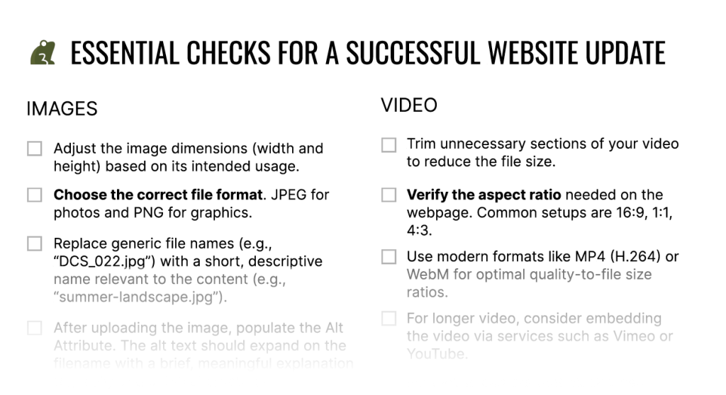 Screenshot of checklist