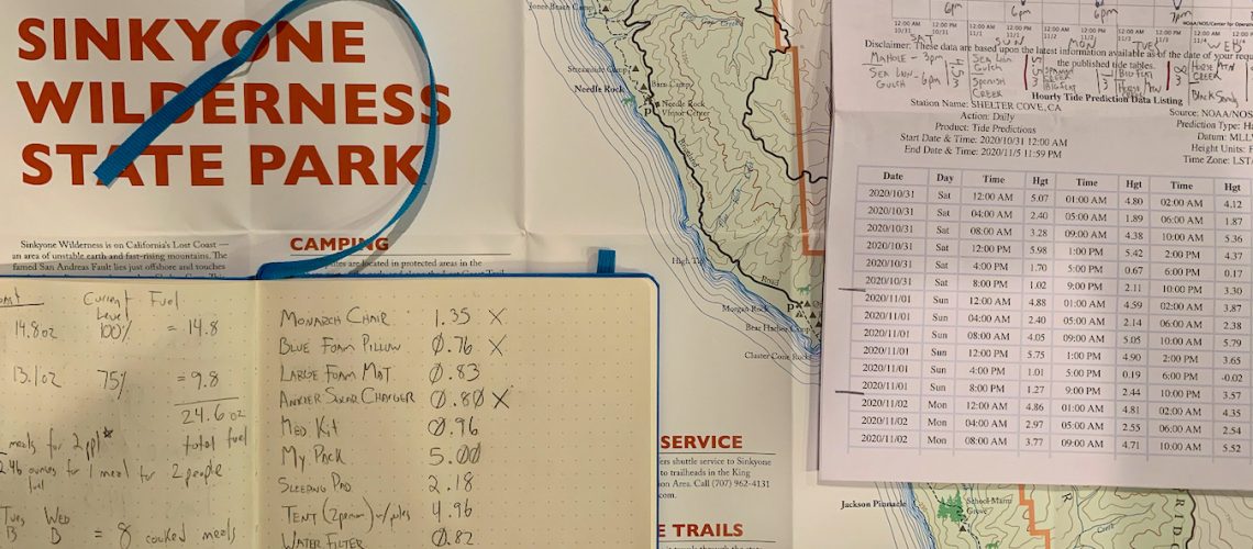 Map and checklist for backpacking trip
